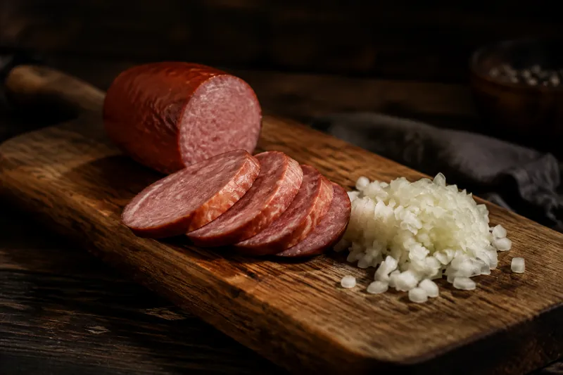 Cervelat und Zwiebel schneiden