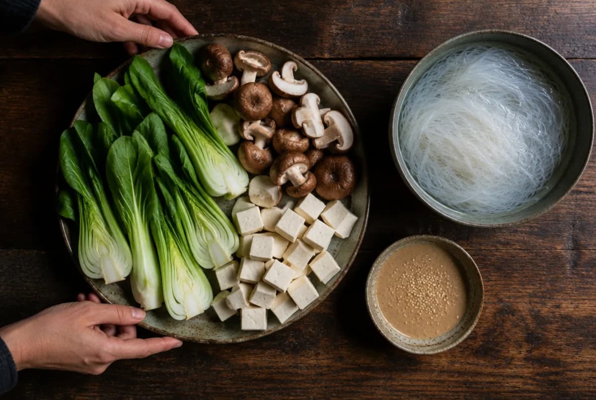 Gemüse, Tofu und Dips anrichten