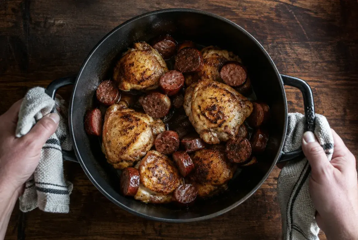 Poulet und Wurst anbraten