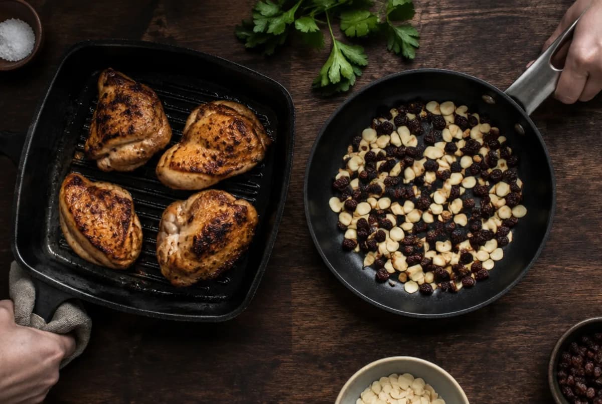 Fleisch bräunen und Nüsse rösten