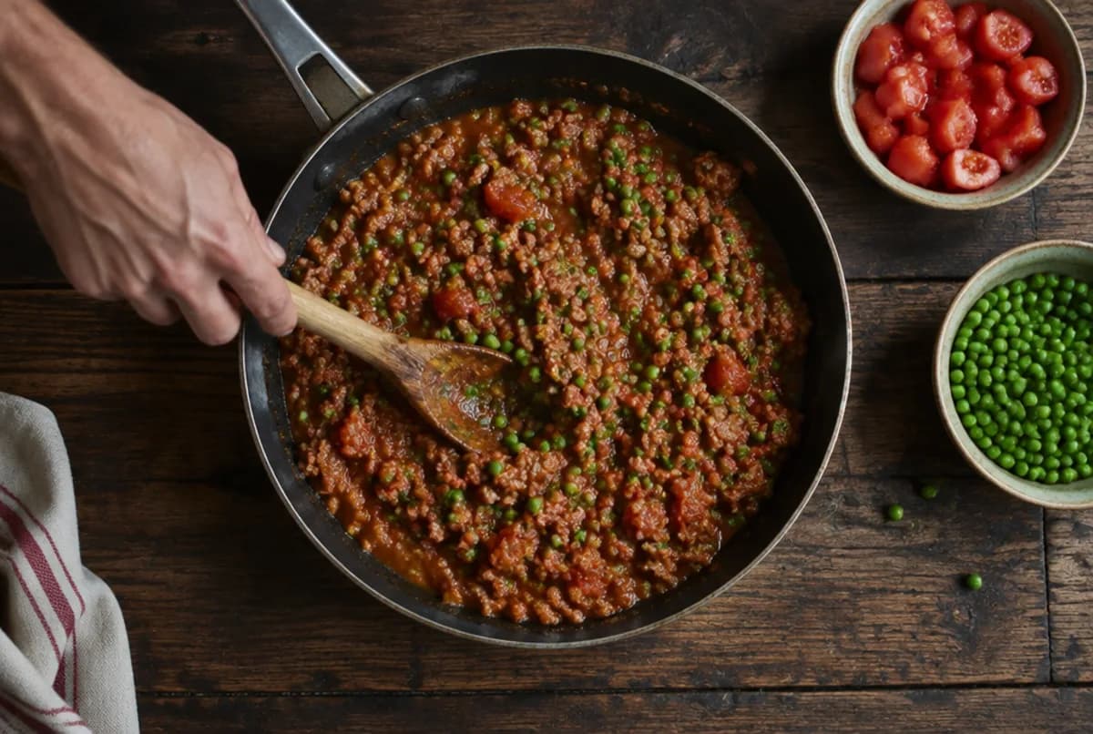 Tomaten und Erbsen dazugeben