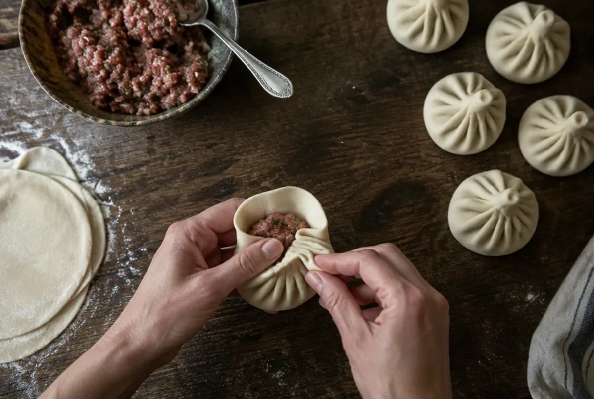 Khinkali zum Zopfbeutel falten