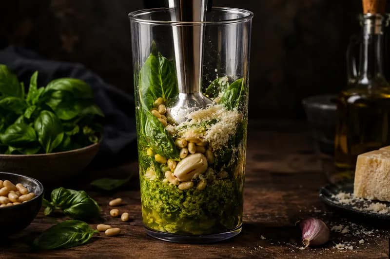 Basilikum-Sbrinz-Pesto pürieren