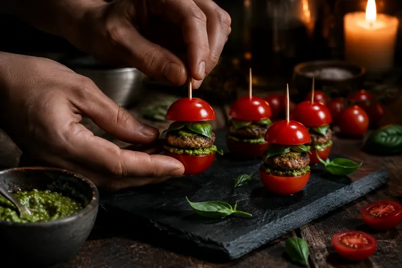 Tomaten-Burger zusammenbauen
