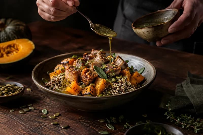 Fleisch braten und Bowls anrichten