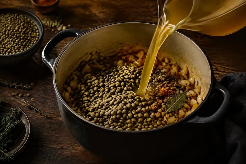 Linsen und Bouillon zugeben