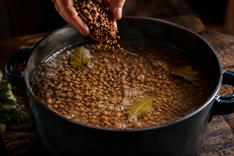 Linsen und Bouillon zugeben