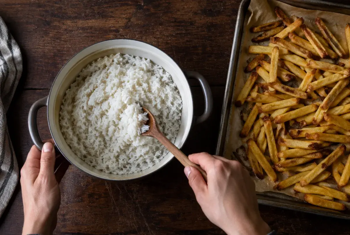 Pommes und Reis vorbereiten