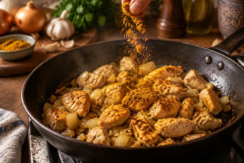 Poulet mit Curry anbraten