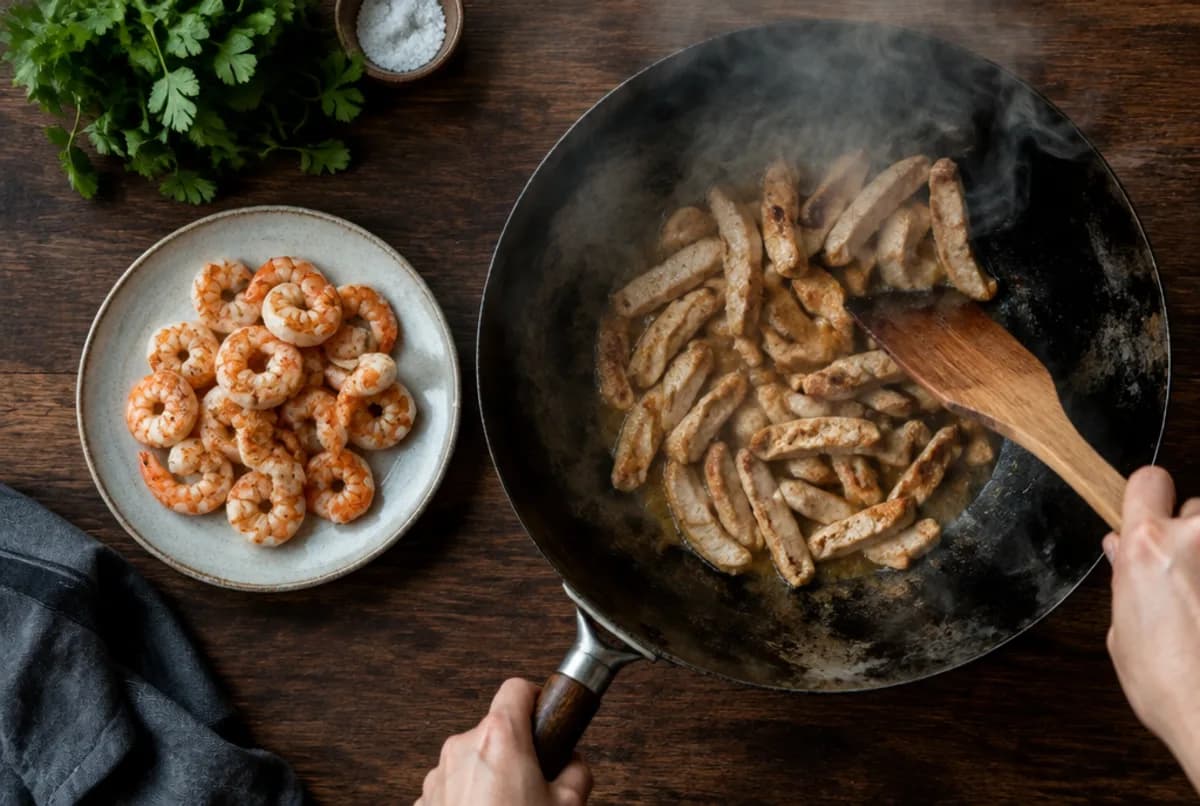 Poulet und Garnelen anbraten