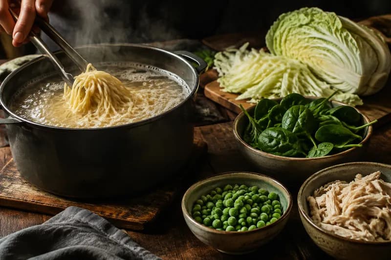 Nudeln garen und Suppe fertigstellen