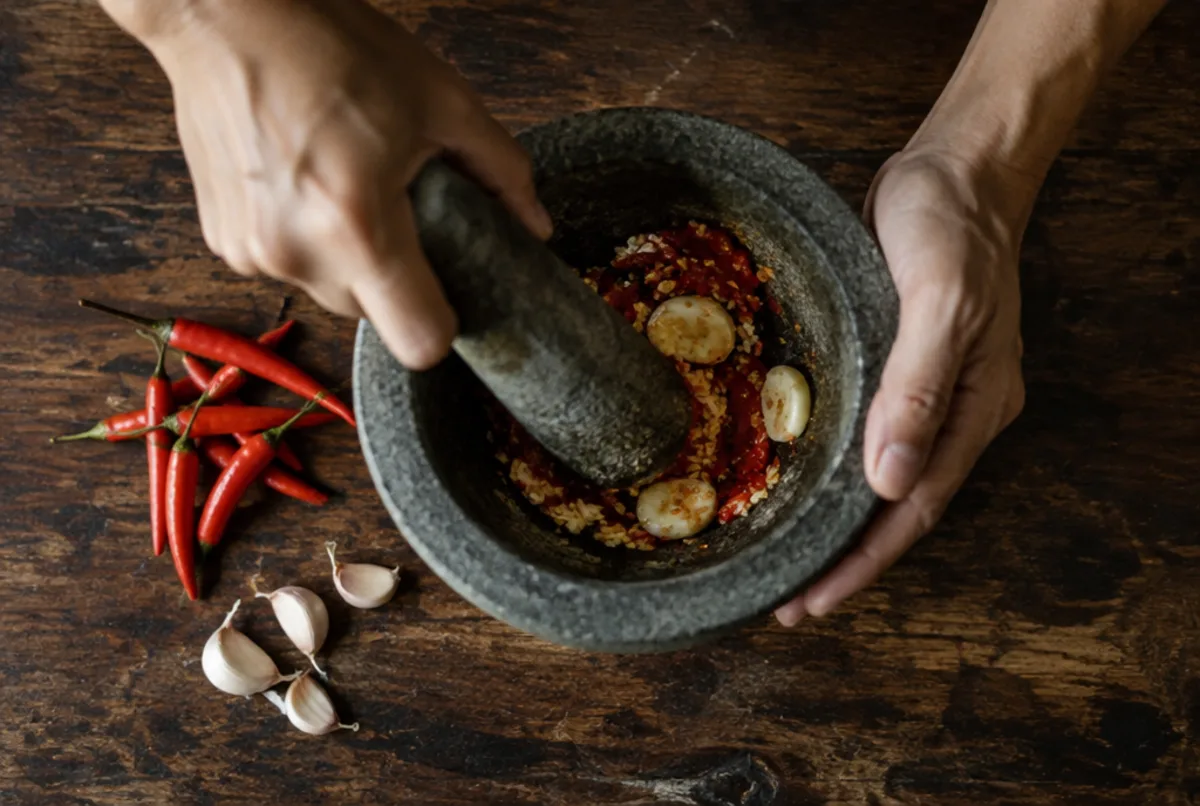 Chili und Knoblauch stampfen