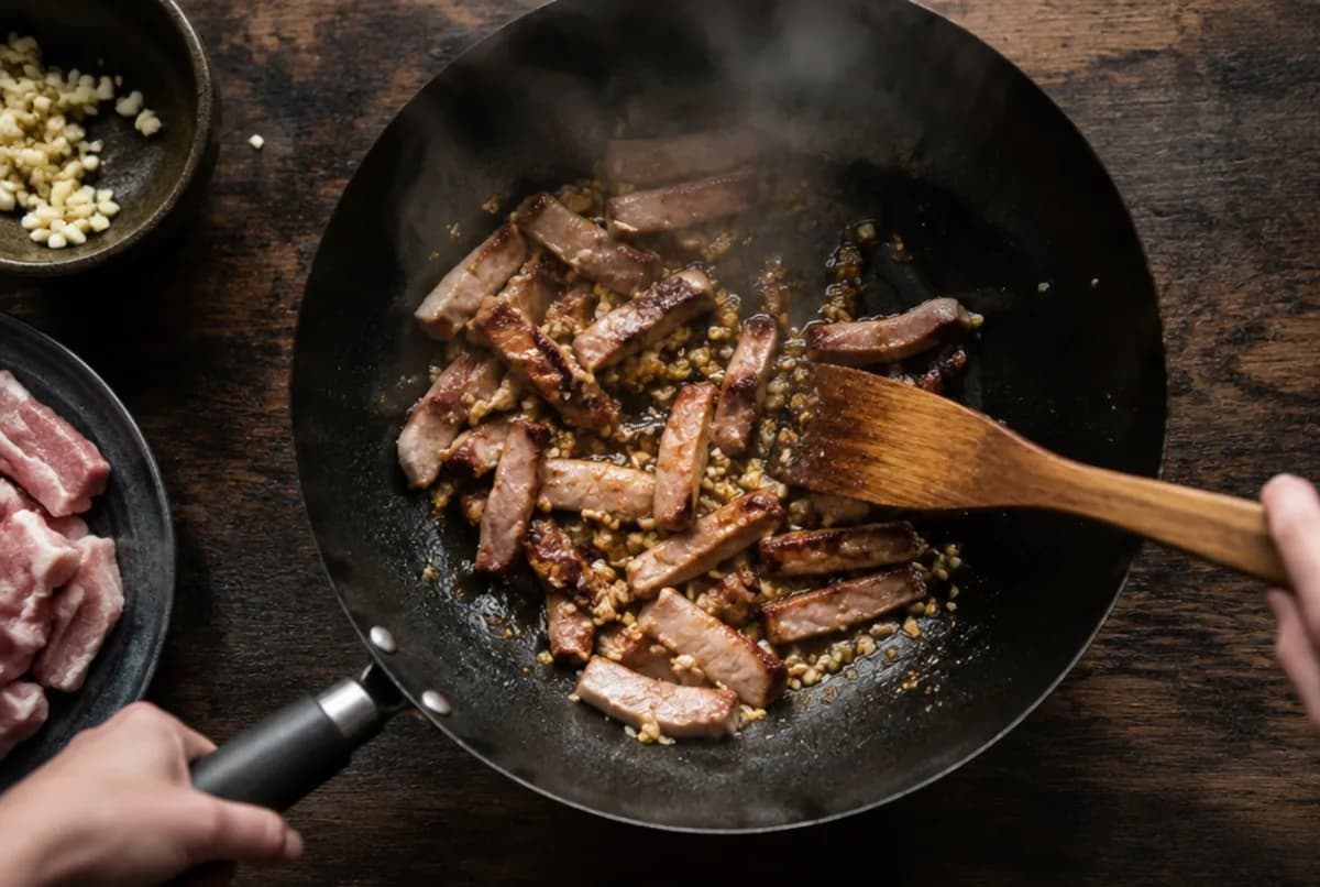 Knoblauch und Fleisch anbraten