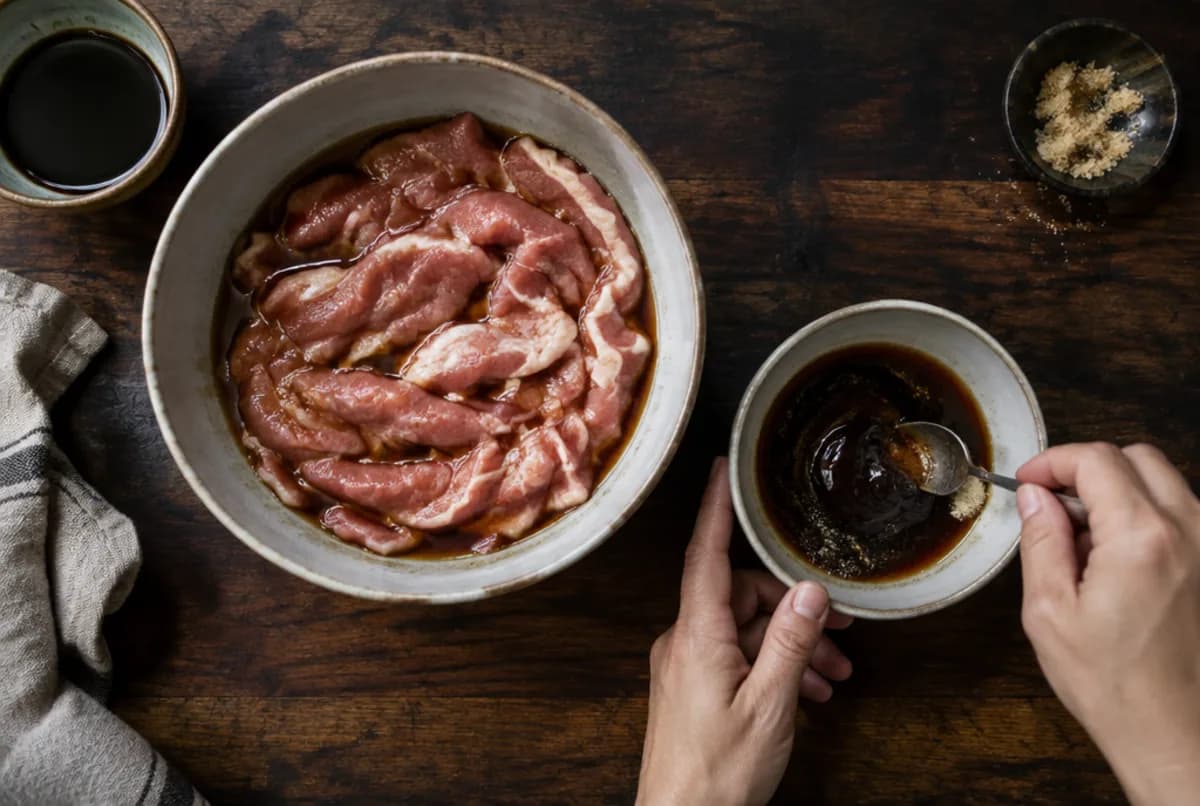 Fleisch marinieren, Sauce mischen