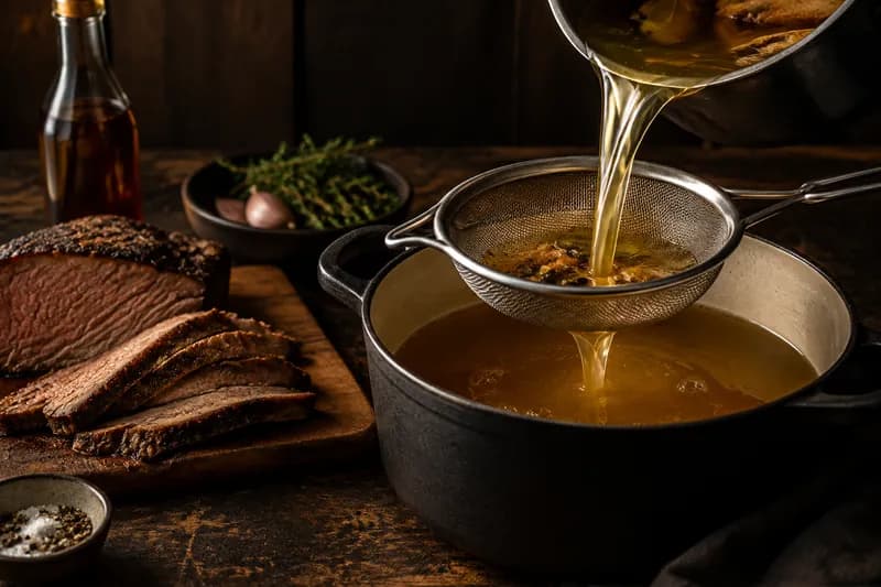 Fleisch herausnehmen und Brühe abschmecken