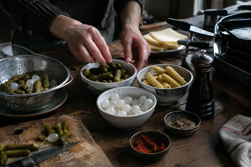 Pickles und Gewürze bereitstellen