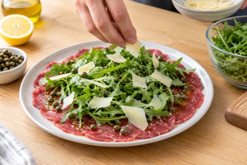 Rucola und Parmesan verteilen