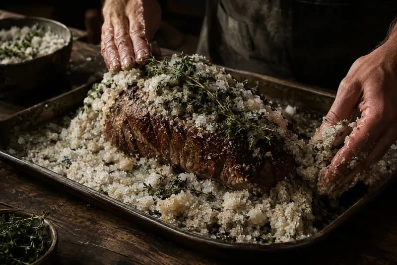 Salzbett legen und Fleisch einschliessen
