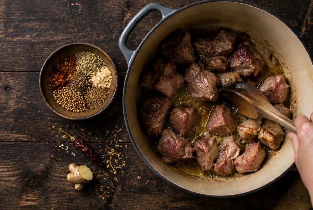 Gewürze vorbereiten und Lamm anbraten