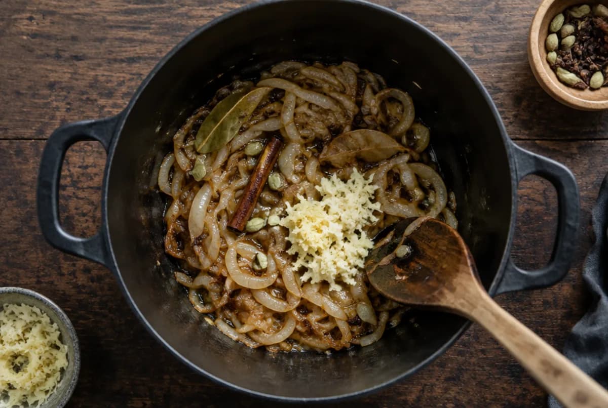 Zwiebeln und ganze Gewürze anschwitzen