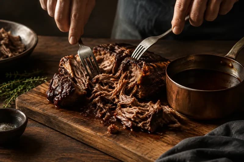 Fleisch zupfen und Sud einkochen