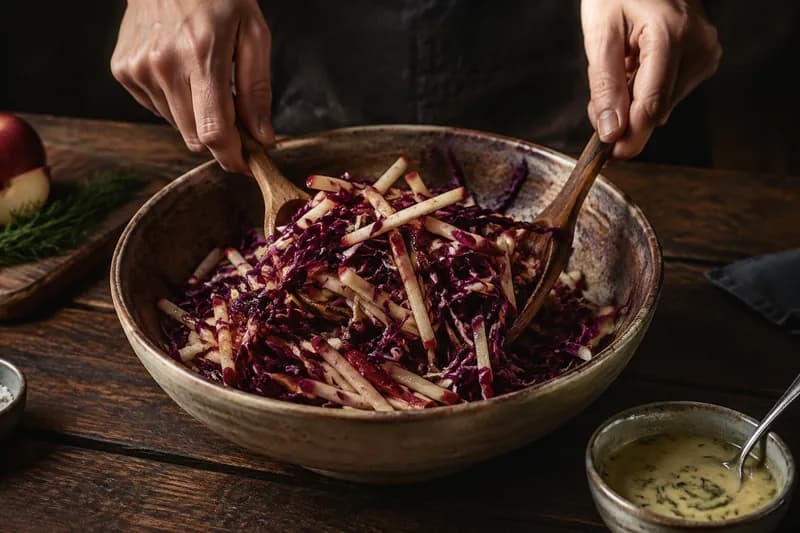 Rotkabis-Slaw und Senf-Dill-Sauce