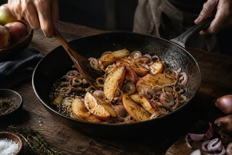 Äpfel und Schalotten karamellisieren
