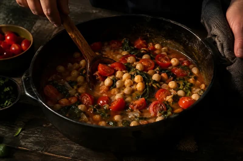 Kichererbsen und Tomaten zugeben