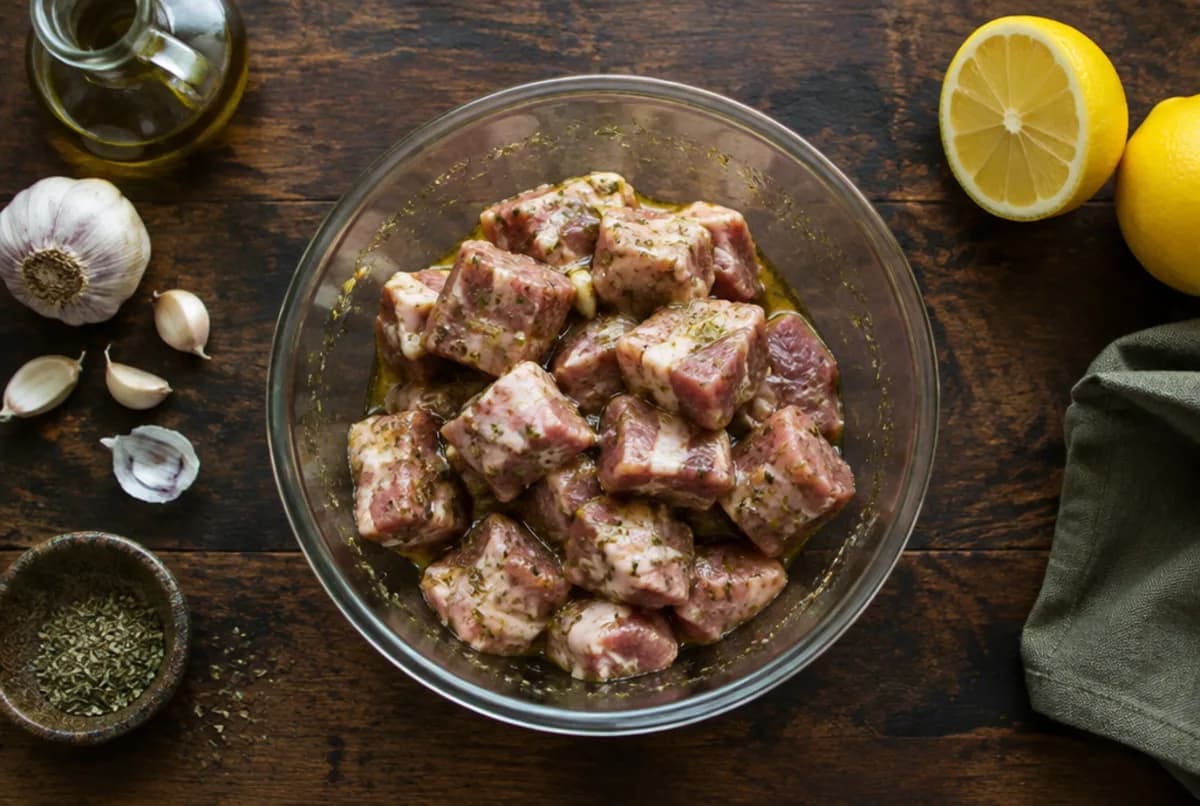 Fleisch würfeln und marinieren