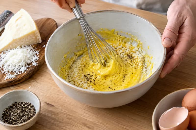 Käse und Eigelb mischen