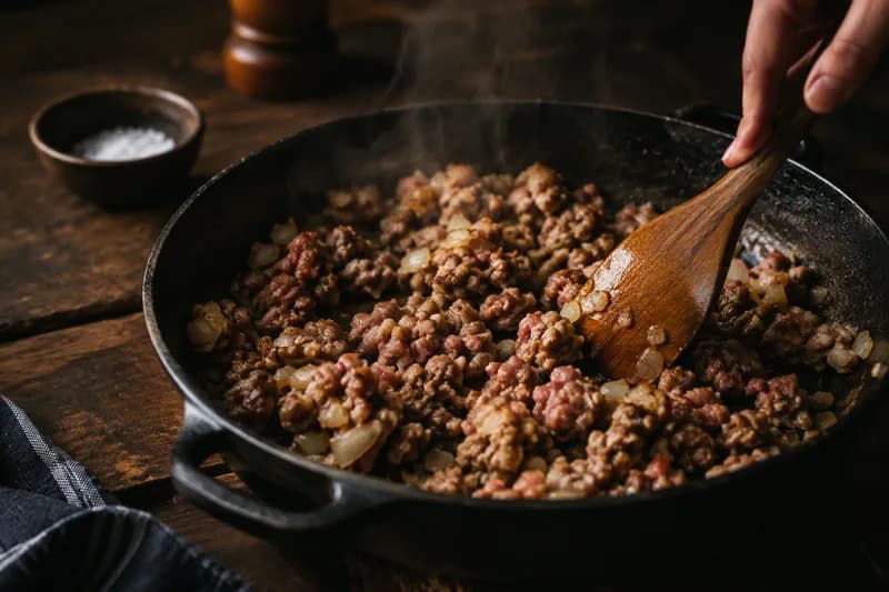 Wurstbrät und Zwiebeln vorbereiten