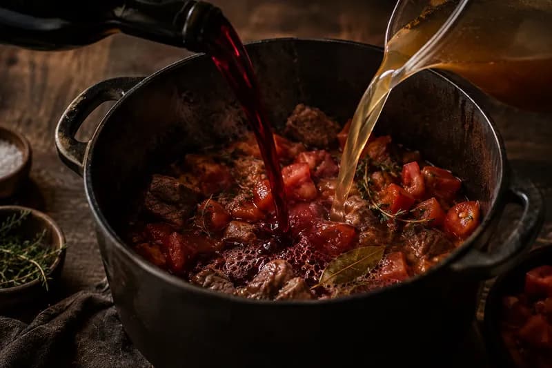 Mit Wein und Tomaten ablöschen