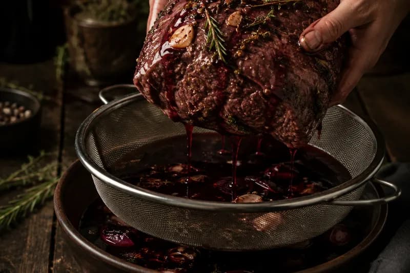 Fleisch abnehmen und Beize seihen
