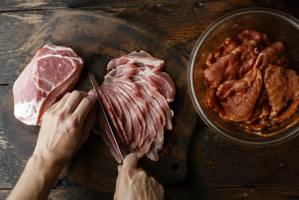 Fleisch dünn schneiden und marinieren