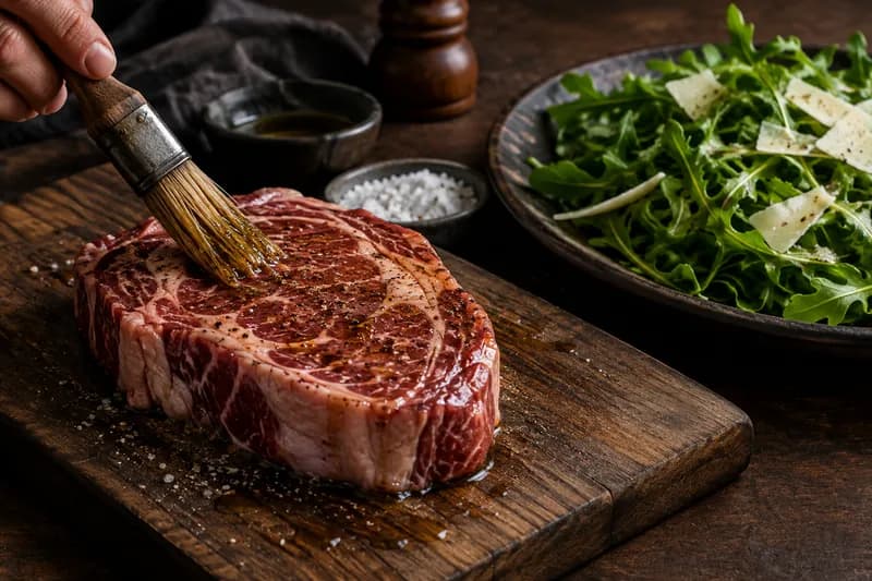 Steak temperieren und Rucola vorbereiten