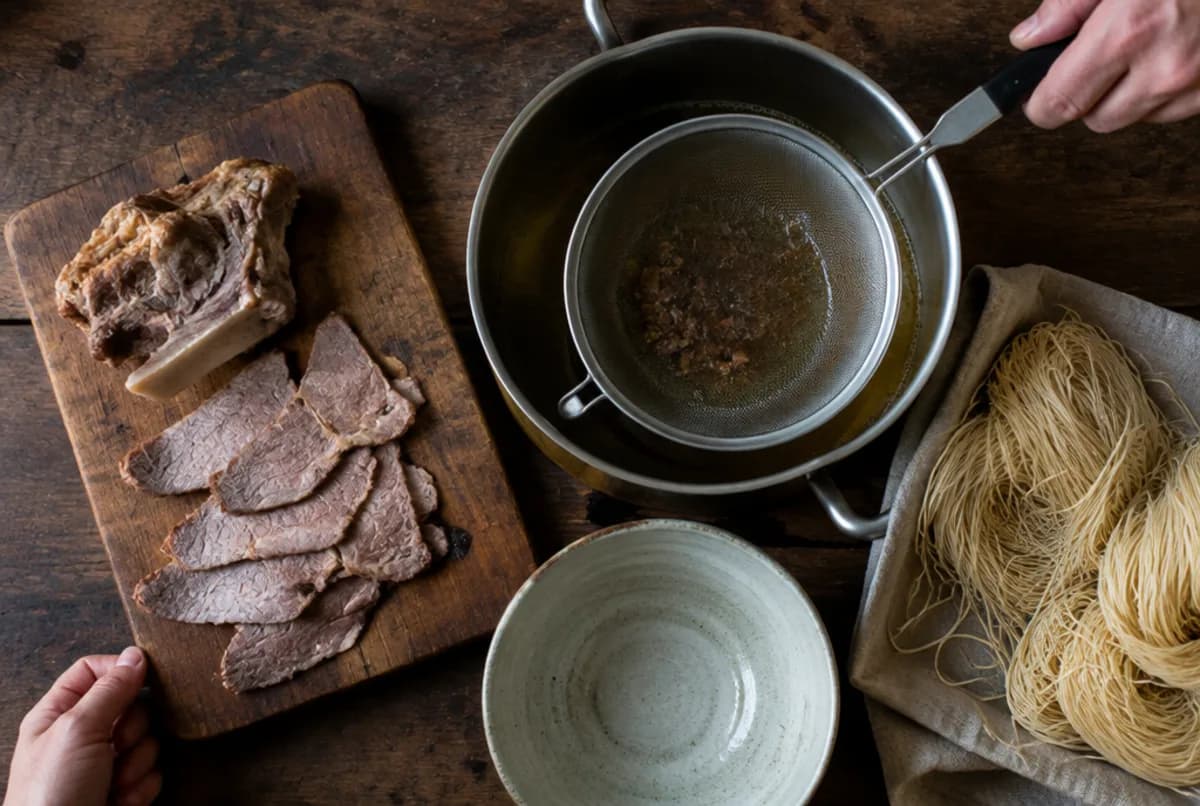 Brühe seihen und Nudeln kochen