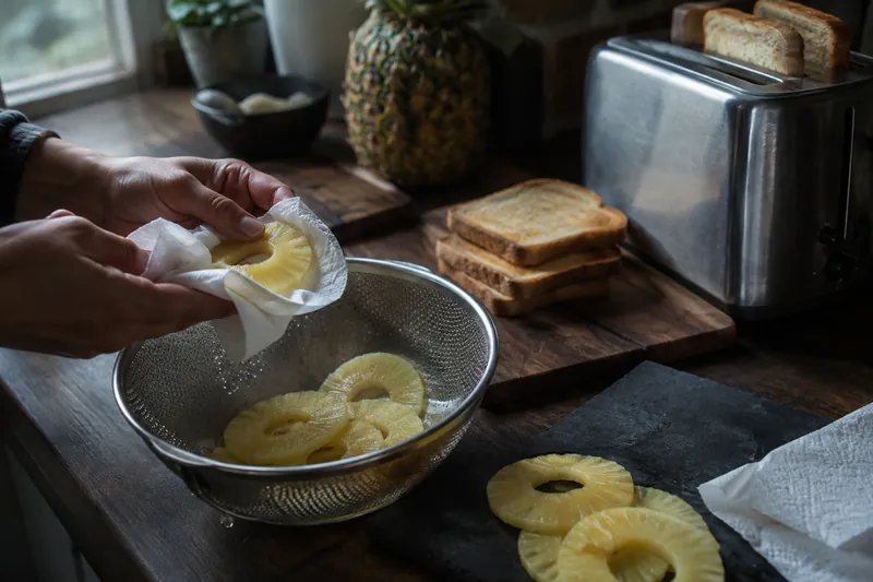 Ananas abtropfen und Brot vortoasten