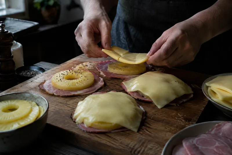 Ananas und Käse auflegen