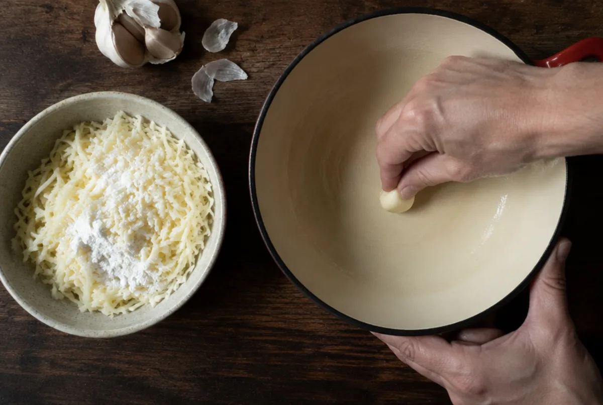 Caquelon einreiben und Käse bereiten