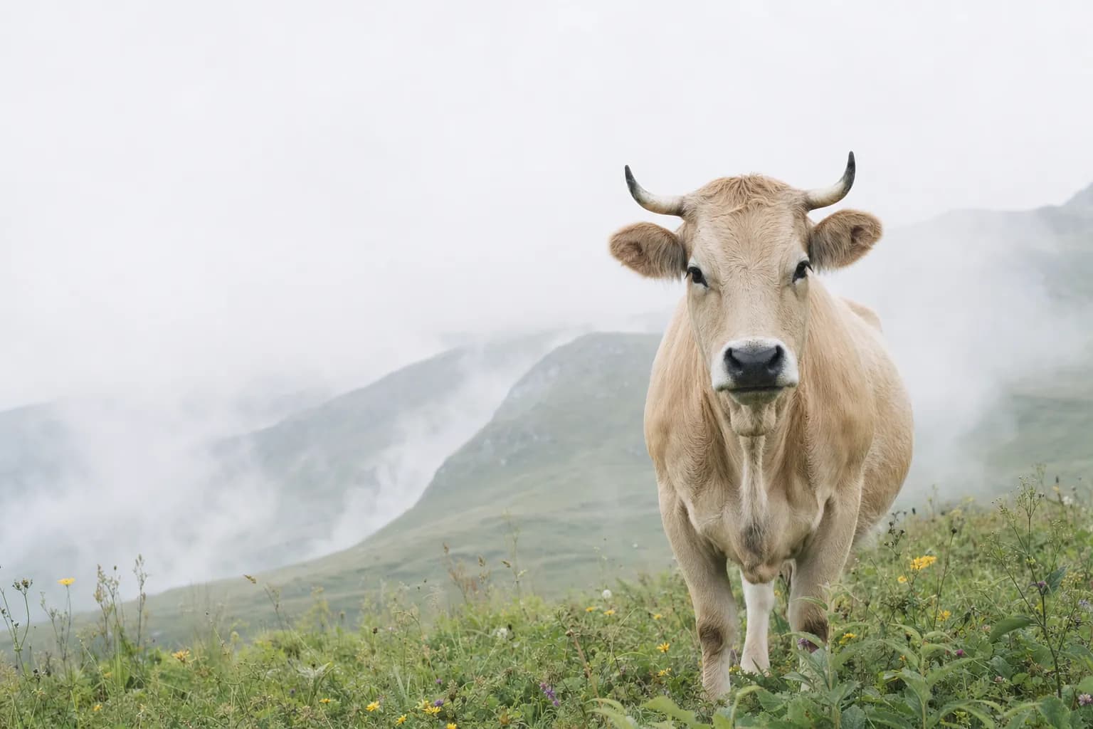 Rind auf einer Bergweide im Nebel