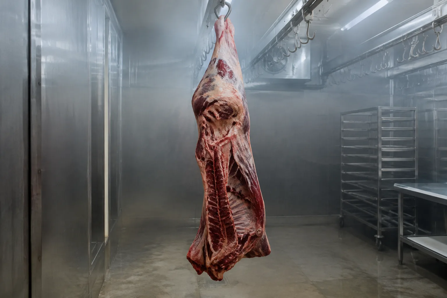 Tierhälfte beim Reifen am Haken im Kühlraum