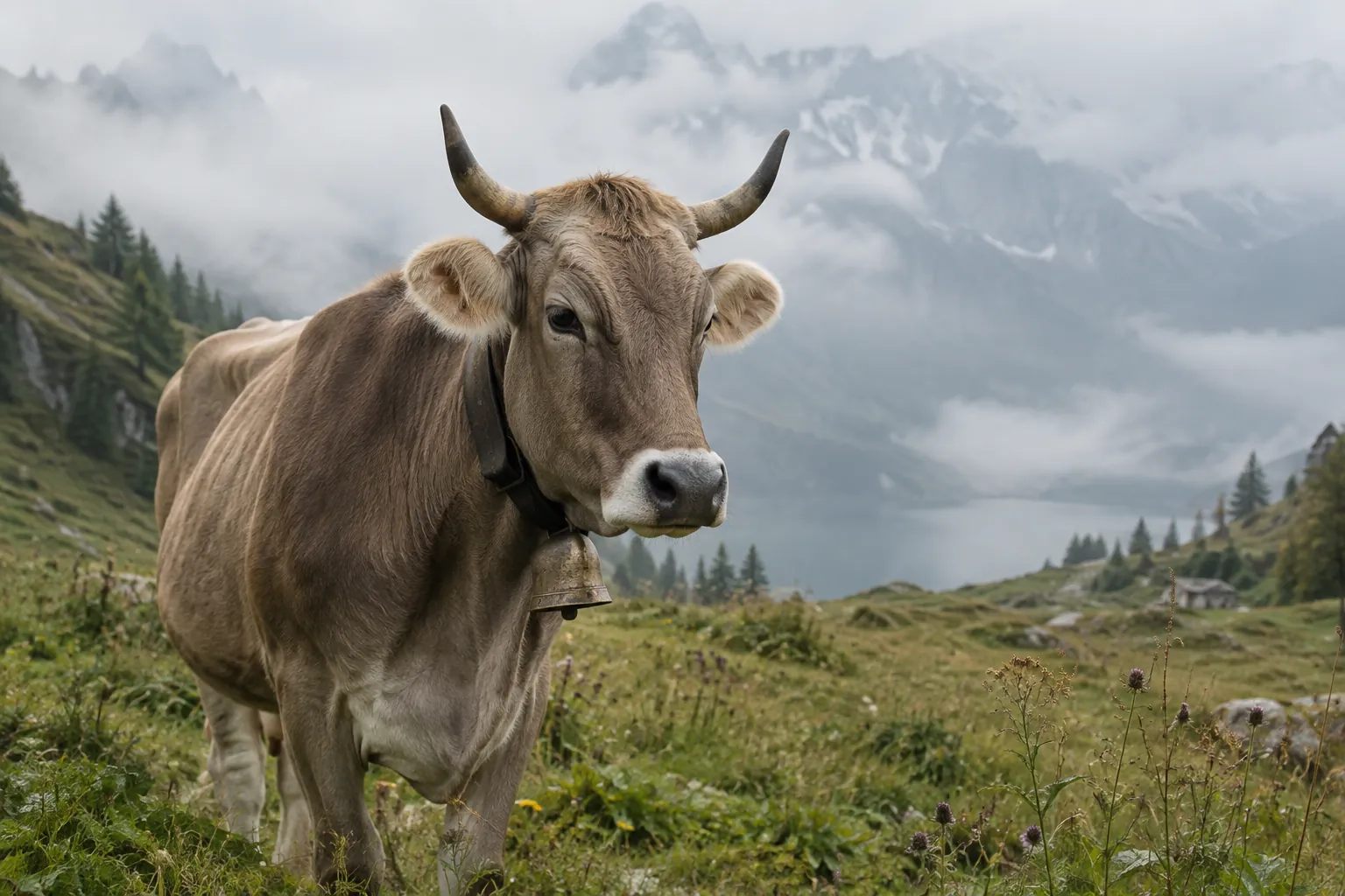 Kuh mit Hörnern auf biodynamischer Weide