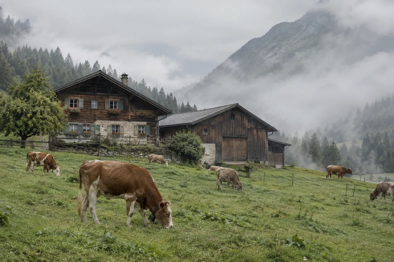 Schweizer Bauernhof mit Weide und Tieren