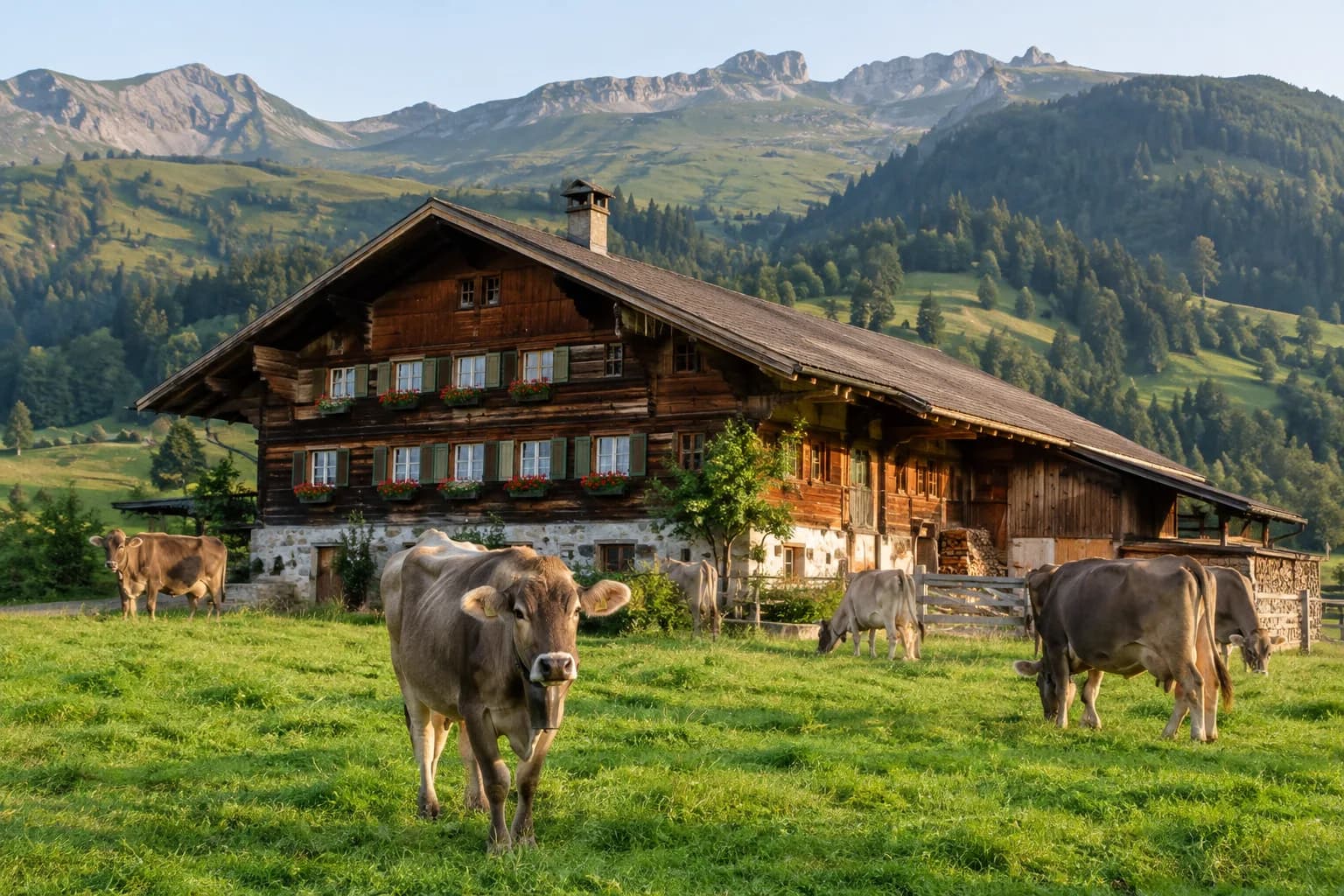 Rinder vor einem Schweizer Bauernhof