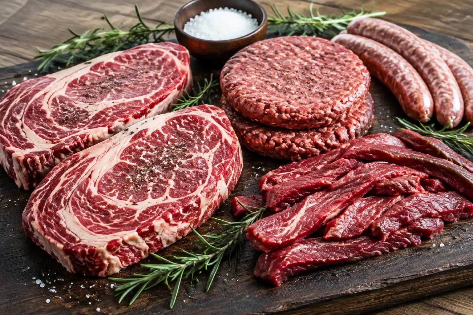 Rohe Steaks und Grillstücke auf einem Brett