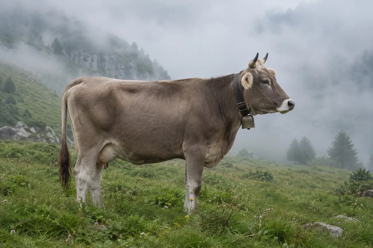 Rind auf einer Schweizer Alpwiese im Nebel