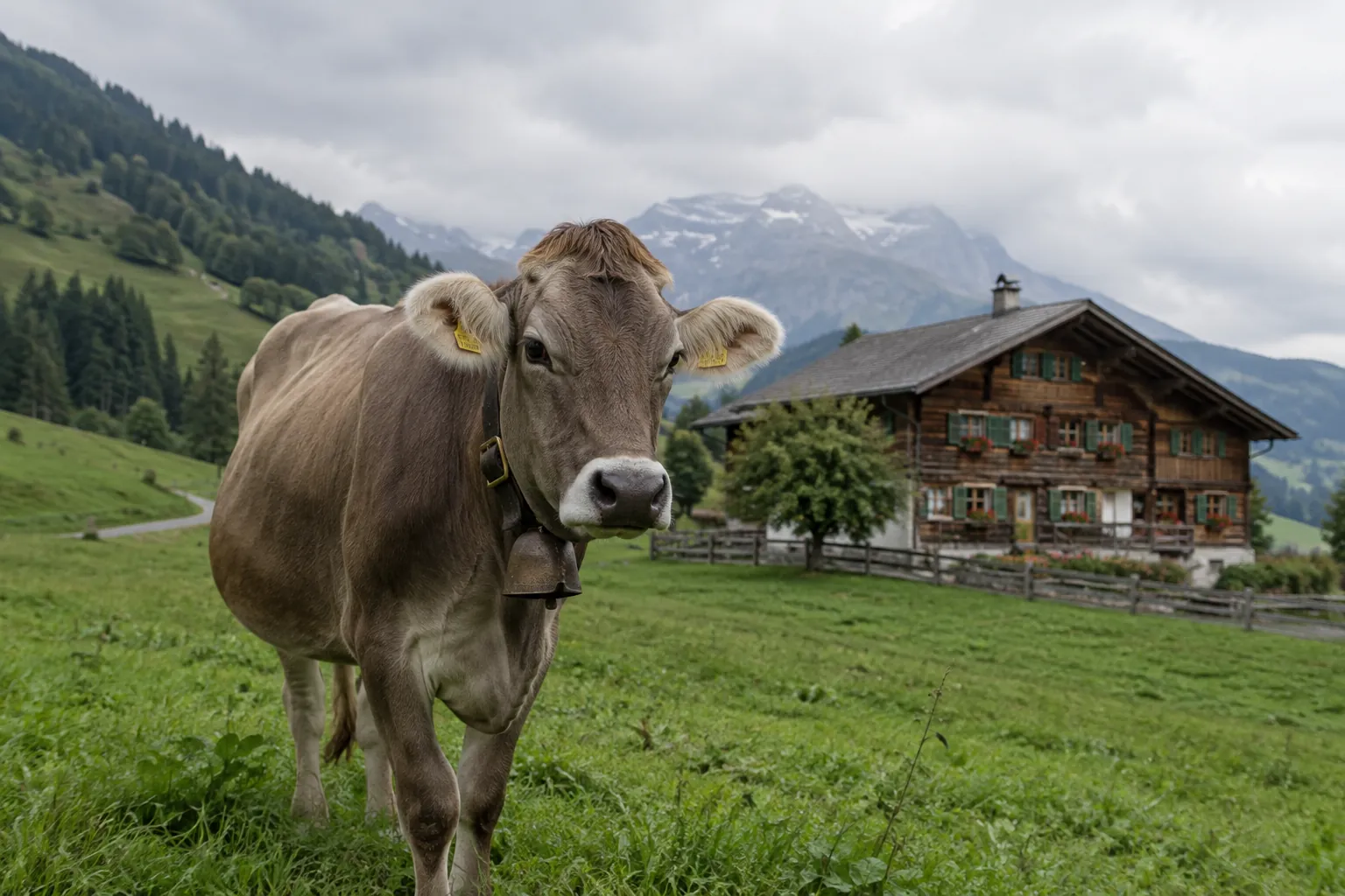 Rind auf Schweizer Weide mit Bauernhof im Hintergrund