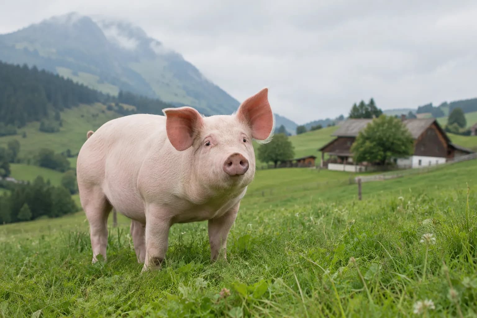 Schwein auf der Weide eines Schweizer Hofes