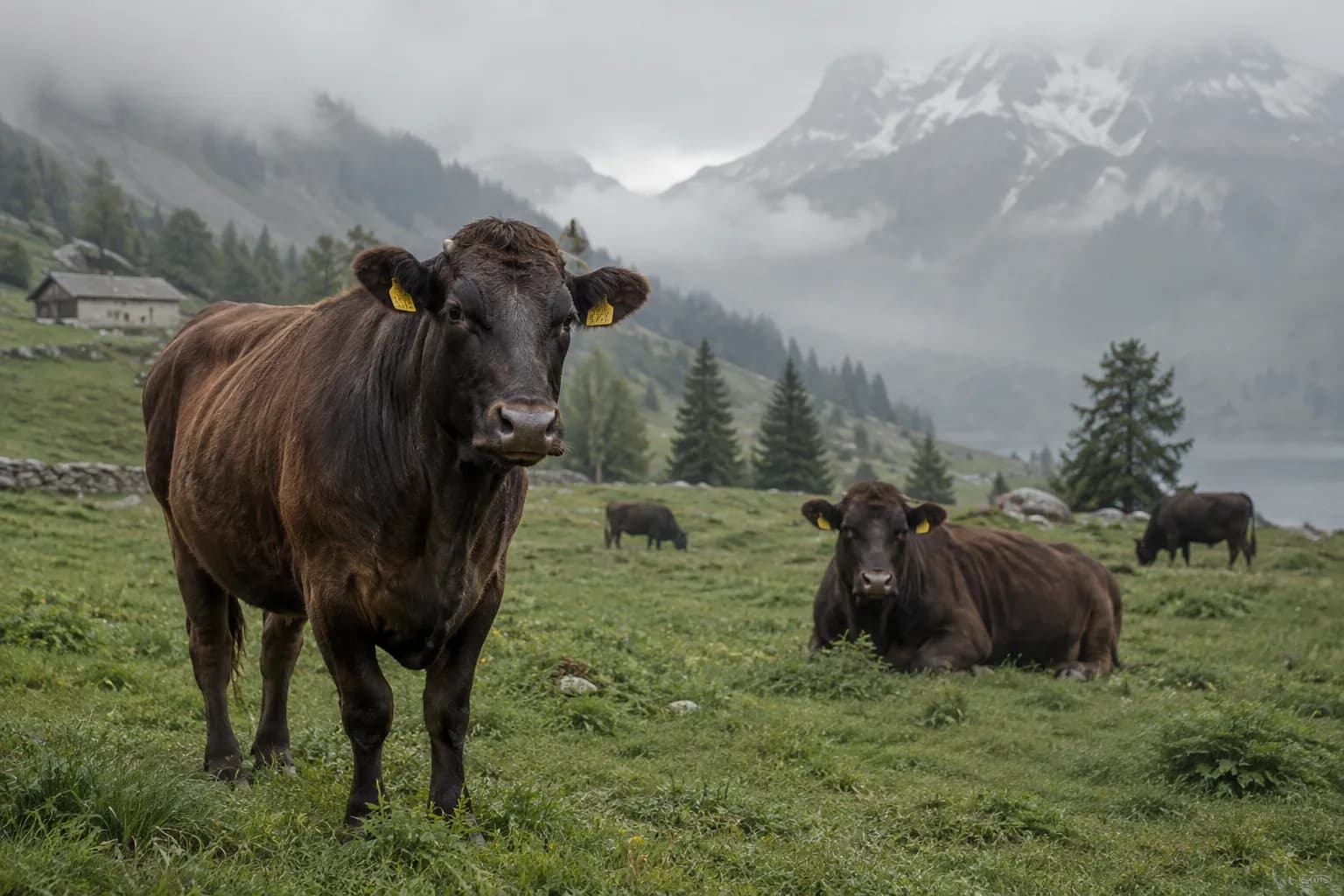 Dunkles Wagyu-Rind auf der Weide