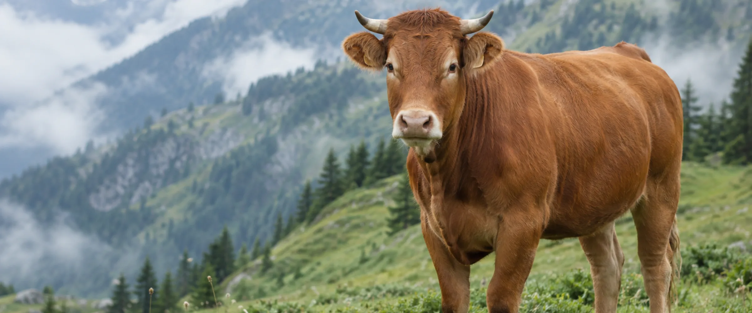 Limousin-Cross Rind mit rotbraunem Fell auf einer Weide